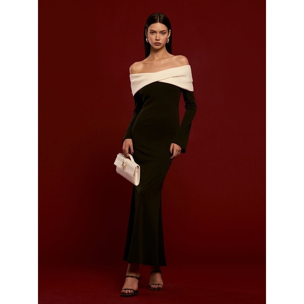 Commense Elegant Off-Shoulder Black & Ivory Maxi Dress Bell Sleeves S